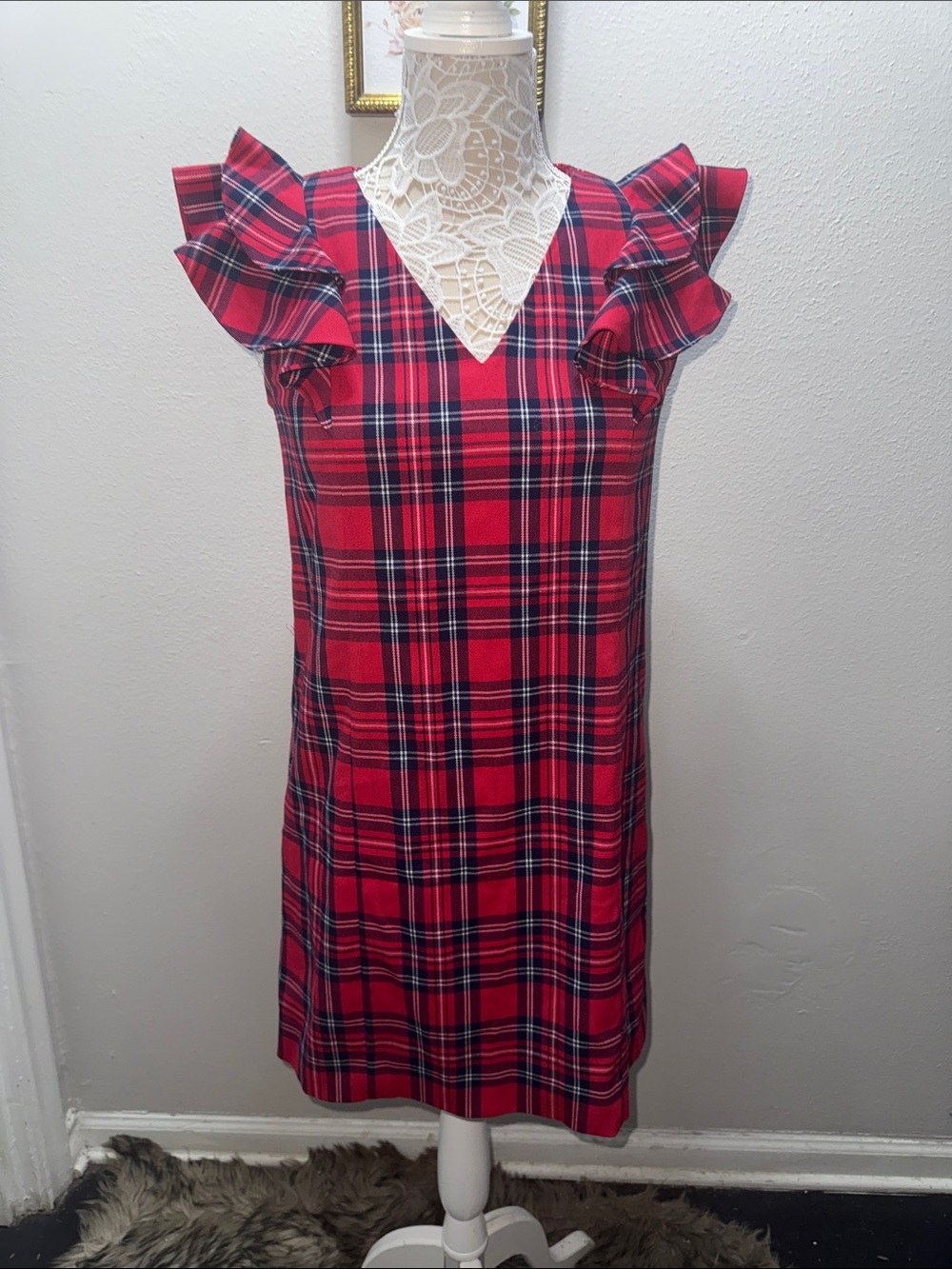 Draper James Red and Navy Plaid Ruffle Sleeve Mini Dress